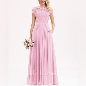 A-line Scoop Floor-Length Lace Chiffon Prom Dresses With Pockets